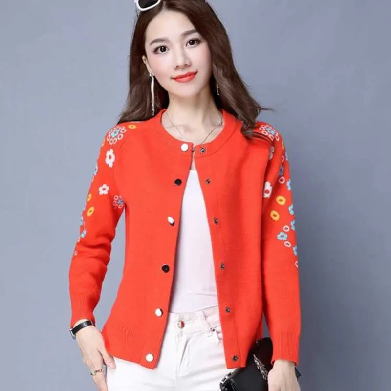 PEONFLY Flower Pattern Knitted Cardigans Sweater Women O Neck Single Breasted Elegant Pull Femme Casual Coat Jacket Ladies