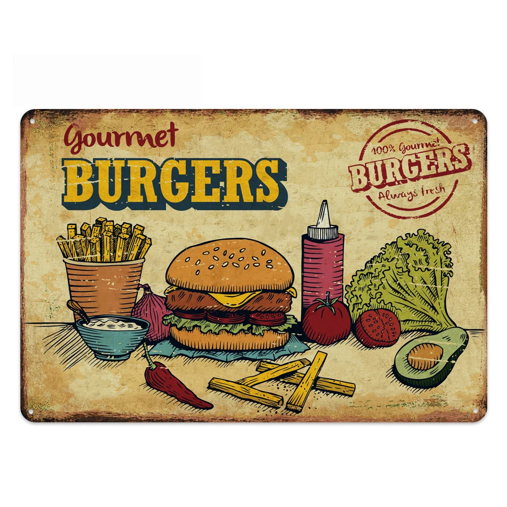 Hot Dogs Chicken Burger Dining Poster Vintage Metal Tin Sign Wall Decor Plaques Shabby Classic Restaurant Kitchen Plates Signs