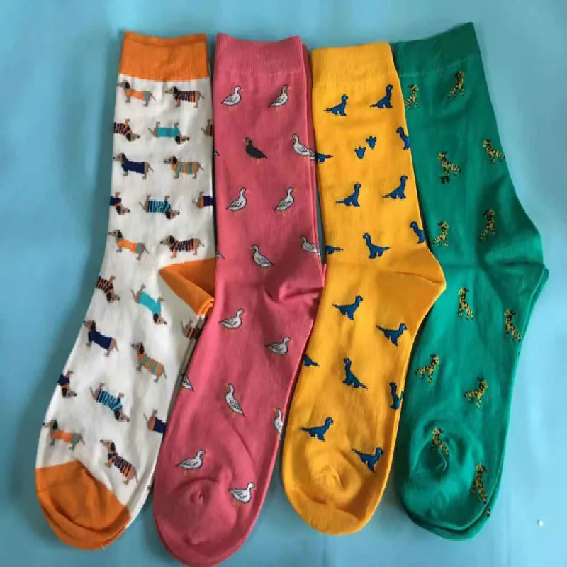 Cute Candy Color Comfortable Women Cartoon Animal Cotton Crew Casual Sock Middle Tube Socks 4pair/lot