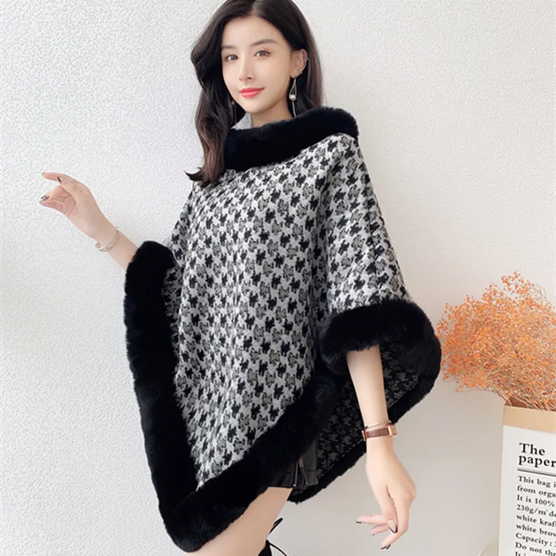 

Japanese Korean Faux Fur Neck Bat Type Triangle Loose Pullover Shawl Cape Women Winter Warm Cape Contrast Houndstooth Poncho