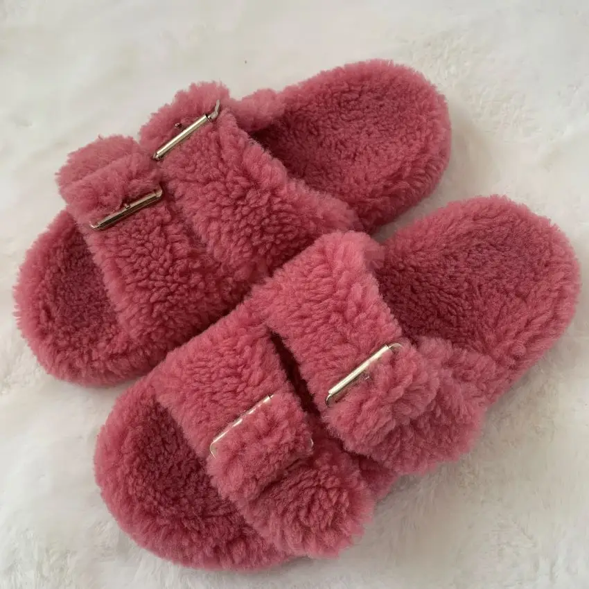 2023 Women\'s Fashion Fur Slippers Indoor Furry Slides Open Toe Luxury Ladies Sandals Flat Heel Lazy Slippers Free Shoes