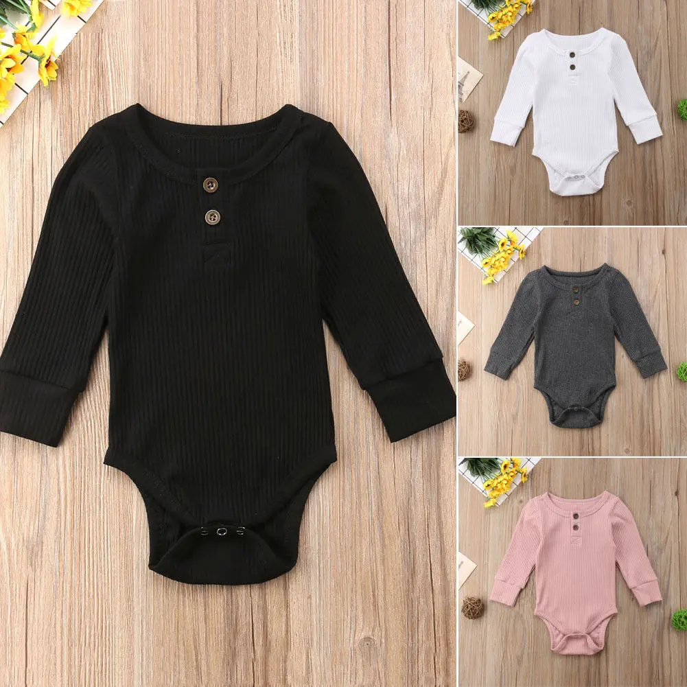 Newborn Infant Baby Girl Boy Ribbed Bodysuit Ruffle One-Pieces Solid Jumpsuit Long Sleeve Outfits Spring Sunsuit 0-24M