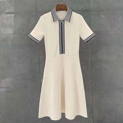 Woman white knitted dress short sleeve zipper slim fit French brand college style elegant lapel fashion party dress female