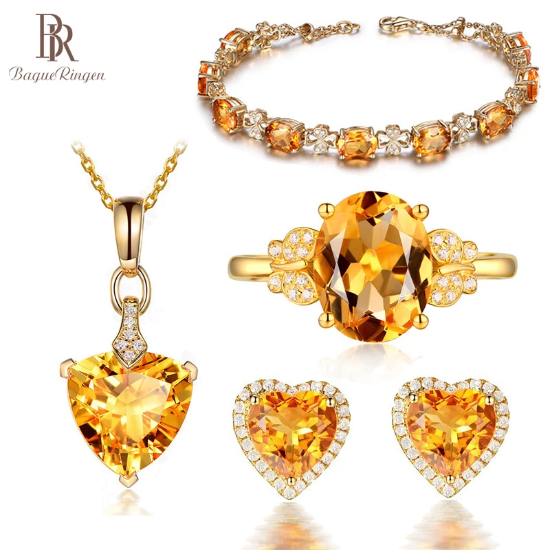 Bague Ringen Trendy Gold Color Fashion Jewelry Set For Charm Lady With Gemstones Artificial Citrine Women Party Wholesale Gift