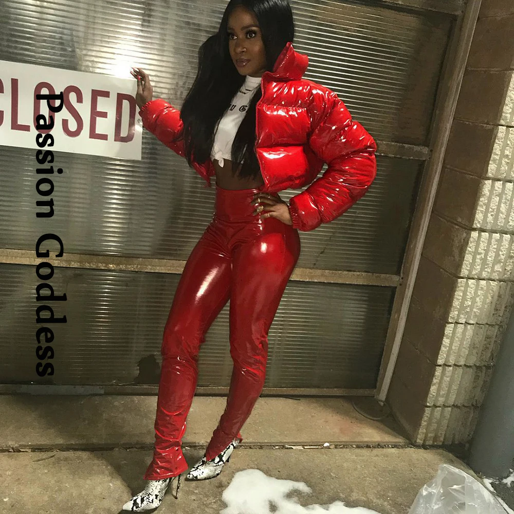 Winter Party Women Bright PU Red Puffer Jackets Warm Puffly Bubble Coats Shiny Black Leather Cropped Jackets Zipper Parkas Down