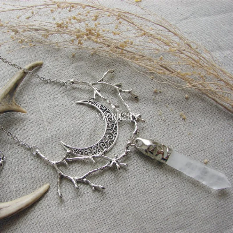 New Goth White Crystal Crescent Moon Branches Necklace Witch Fantasy Forest Creativity Jewelry Twig Statement Wedding Wicca