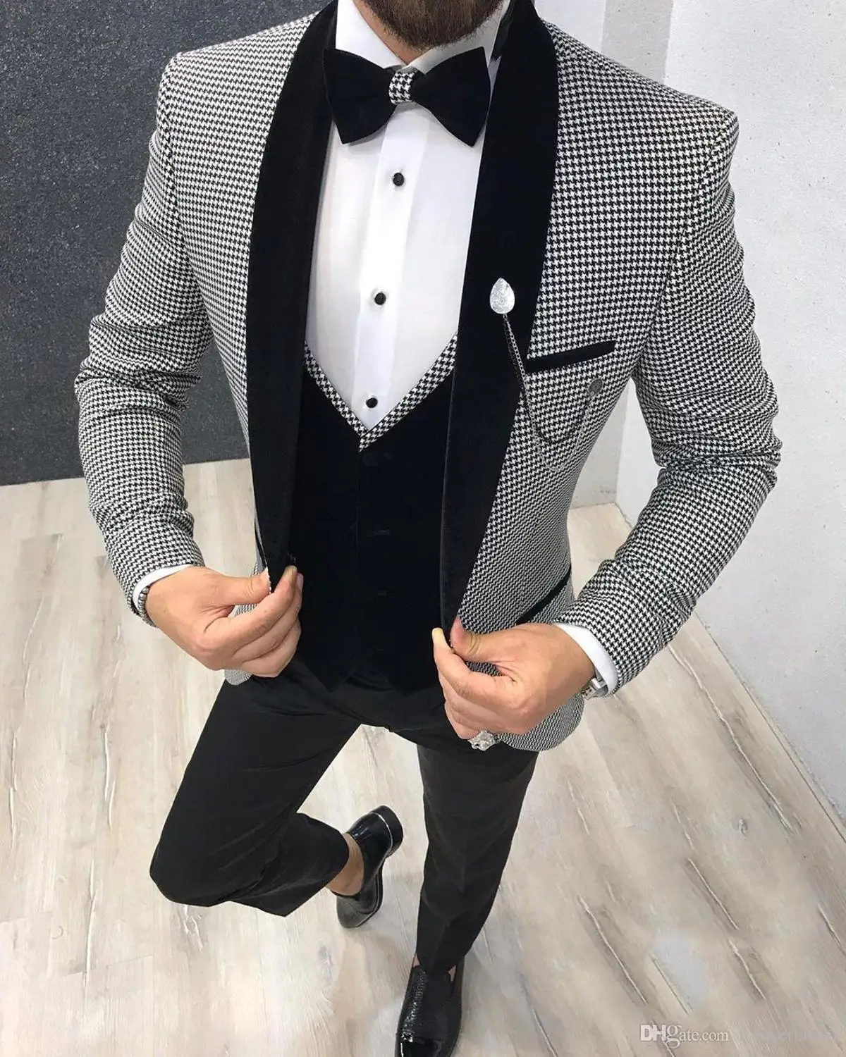 

2023 3 Pieces Houndstooth Wool Men's Suit Casual Blazer Prom Tuxedos Shawl Lapel Dinner Party Jacket For Wedding Grooms