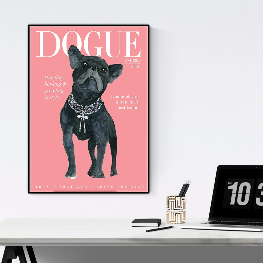 Fashion Frenchie Dogue Magazine Cover Poster Pink Yellow Background Canvas Print Painting Bathroom Aisle Wall Art Decor Pictures