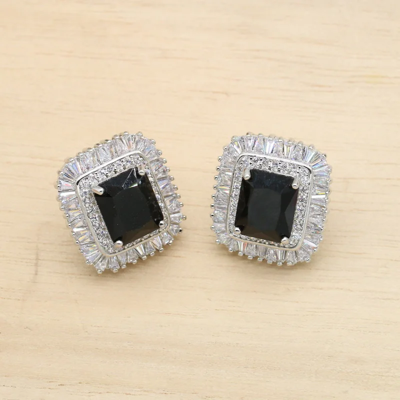 Black Stones Silver Color Bridal Jewelry Sets For Women Necklace Pendant Earrings Rings Gift Box