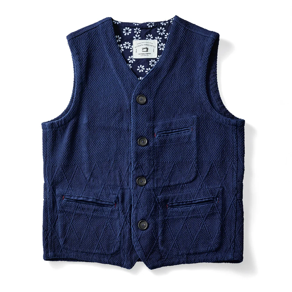 Autumn New Vintage Indigo Jacket Vest Men Thick Heavy Cotton Blue Dyed Multi Pockets Tooling Vest Fashion Casual Cardigon Coat