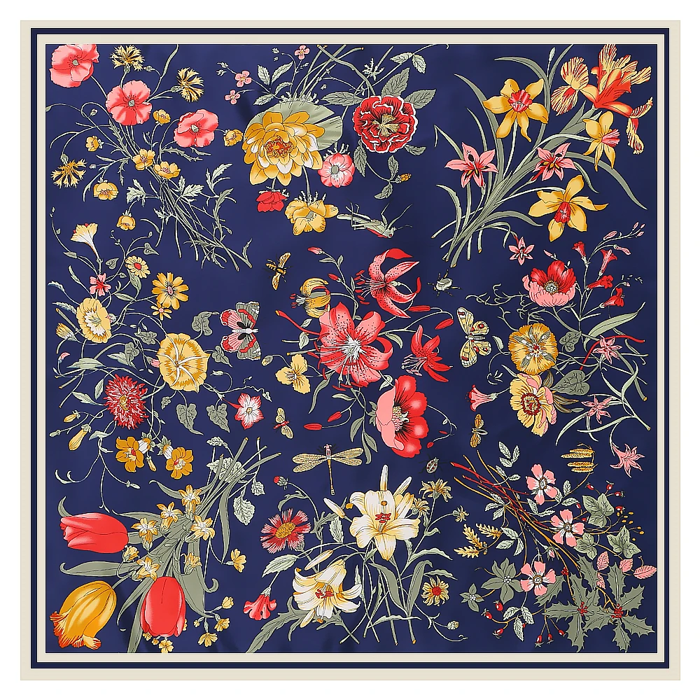 Xale de flores e plantas de silo feminino, cachecol quadrado grande, decoração quente para viagem, moda clássica europeia, 130cm, novo, primavera