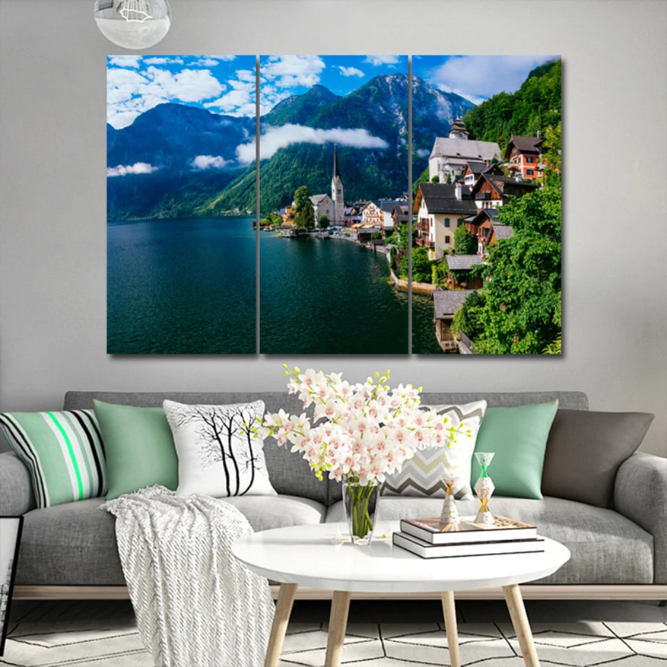 

Swiss Lakeside Town 3 pcs HD Canvas Painting Modern Home Decoration Living Room Canvas Print Painting Wall Decor Picture