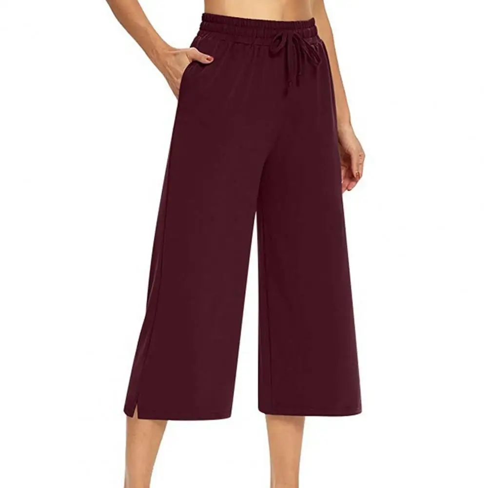 Summer Women\'s cropped trousers Wide Leg Solid Color Soft Drawstring Pockets Elastic Waist Women Streetwear Pants 2021