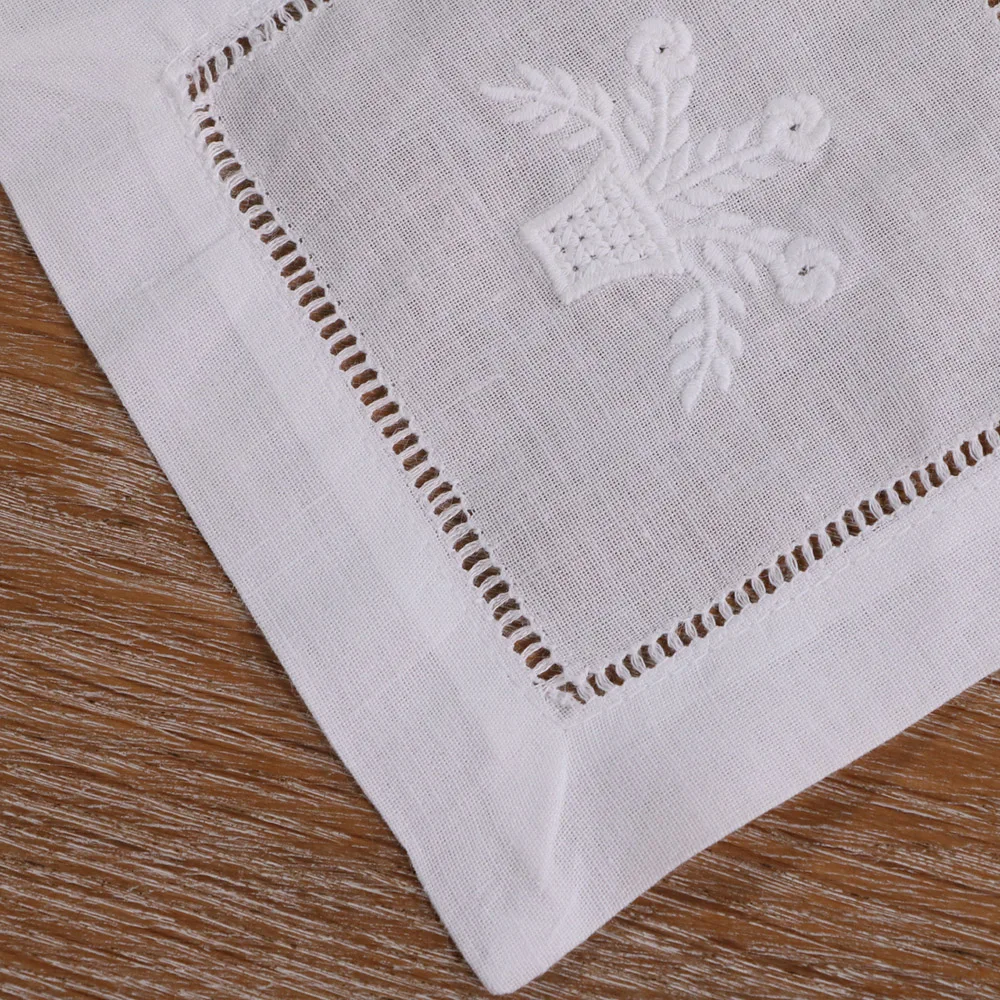 N034-6: 120 pieces White Ramie Cotton   Embroidered Hemstitched Cocktail Napkins Ladder Hem Stitch Cloth Napkin Coasters