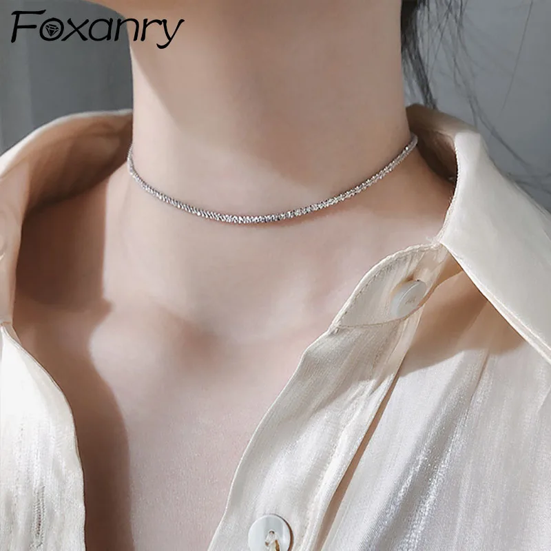 Foxanry Minimalist Silver Color Sparkling Choker Necklace  Charm Women Couples Trendy Elegant Birthday Party Jewelry Gift