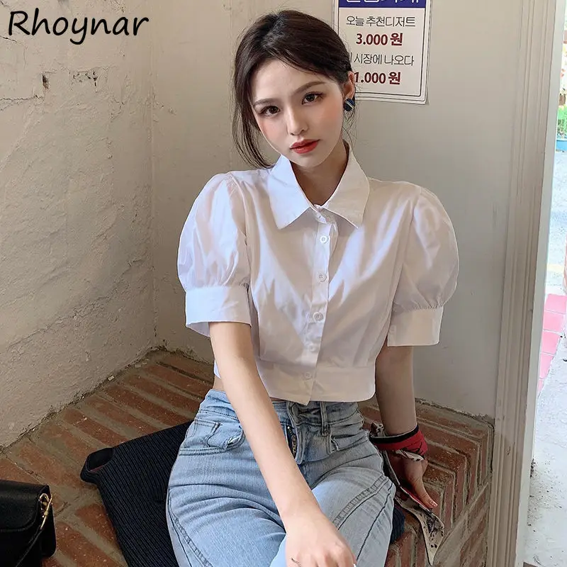 

Shirts Women Summer Fashion Puff Sleeve Turn-down Collar Solid Elegant Leisure Vintage Korean Style All-match Female Crop Cozy