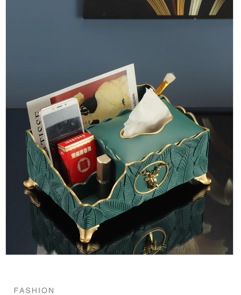 Light Luxury Simple Creative Home Living Room Desktop Multifunctional Remote Control Resin Tissue Storage Box  Green