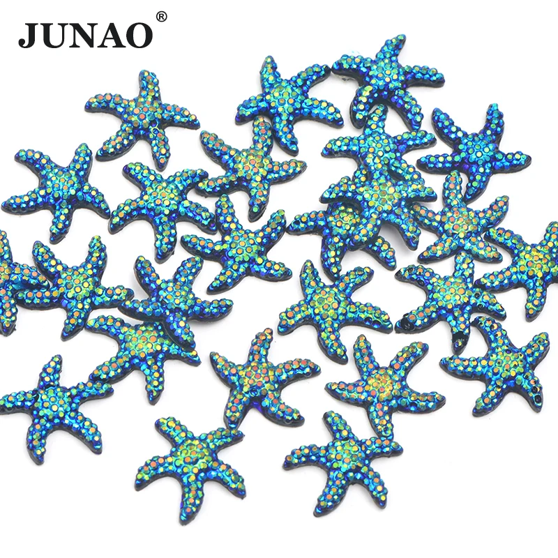 JUNAO 30Pcs 12mm Black AB Starfish Rhinestone Applique Flat Back Resin Stones No Hotfix Crystal Strass do dekoracji
