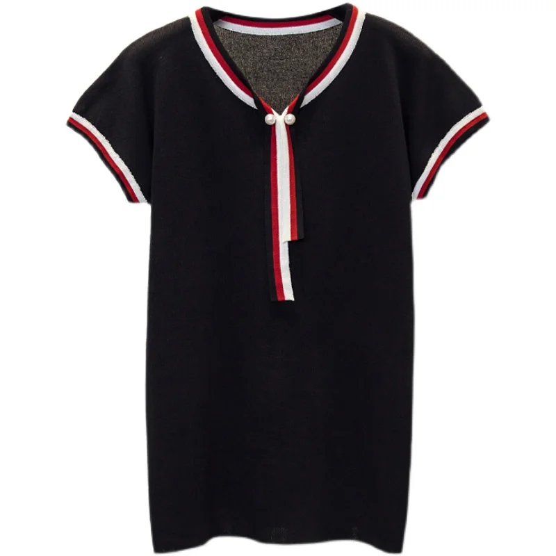 chic casual Summer Basic Sweater pullovers Women v-neck STripe Knit Slim Pullover female Short Sleeve Thin black Sweaters