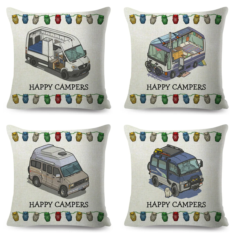 Happy Camper Van Life Pillow Case Decor Cartoon House Travel Car Cushion Cover for Sofa Home Children Room 45x45cm Pillowcase