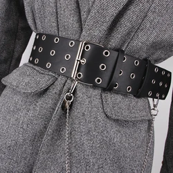 Cinto espartilho de couro largo para homens e mulheres, cintos punk femininos, cintura gótica, cintura plus size, riem de couro com ilhós todo