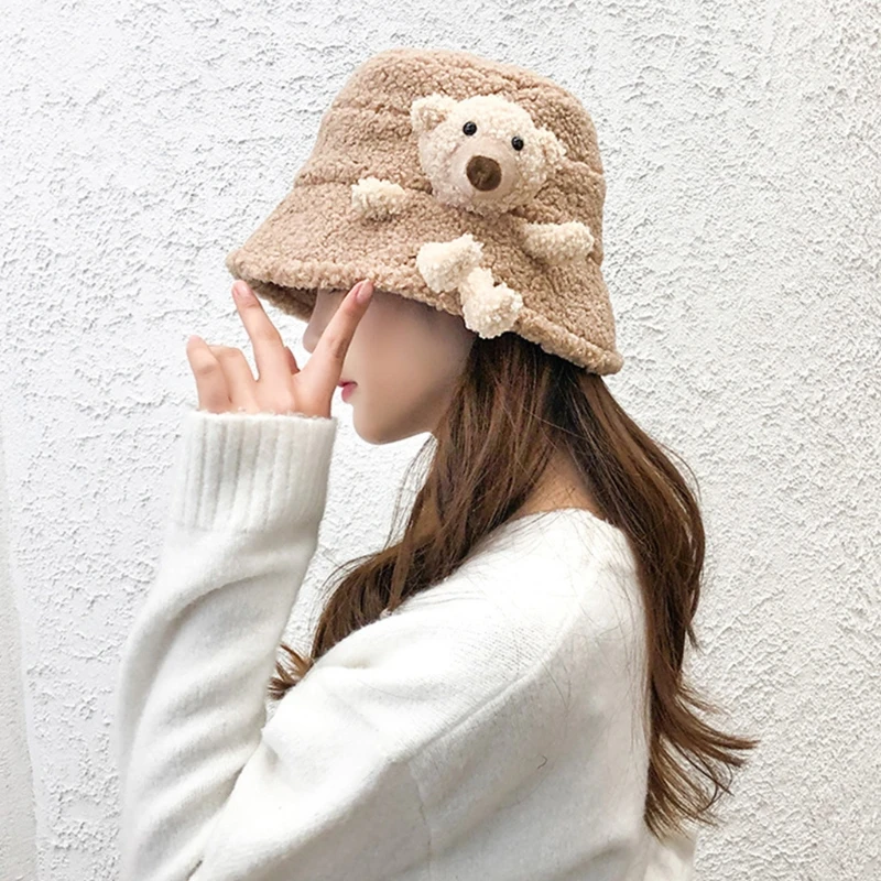 Women Winter Fluffy Plush Warm Bucket Hat Cute 3D Stuffed Teddy Bear Wide Brim Harajuku Outdoor Panama Fisherman Cap