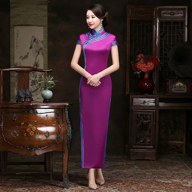 Plus Size 3xl 4xl 5xl Slim Purple Qipao Sexy Satin Cheongsam Elegant Mandarin Collar Chinese Dress Long Classic Vestidos Gown