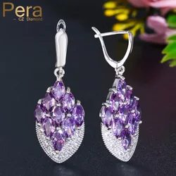 Pera Fashion Women Prom Party Costume Jewelry Big Marquise Shape Drop Purple Cubic Zirconia Long Hoop Earrings for Women E095