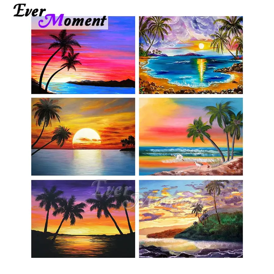 Ever Moment Diamond Painting Full Square Resin Drills Coconut Tree Wall Art Colorful Sunset Embroidery Diamond Display ASF2207