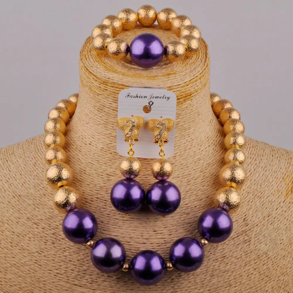 

Fashion Nigeria Wedding Jewelry Purple Glass Pearl Necklace African Wedding Banquet Bride Wedding Dress Decoration Set SH-86