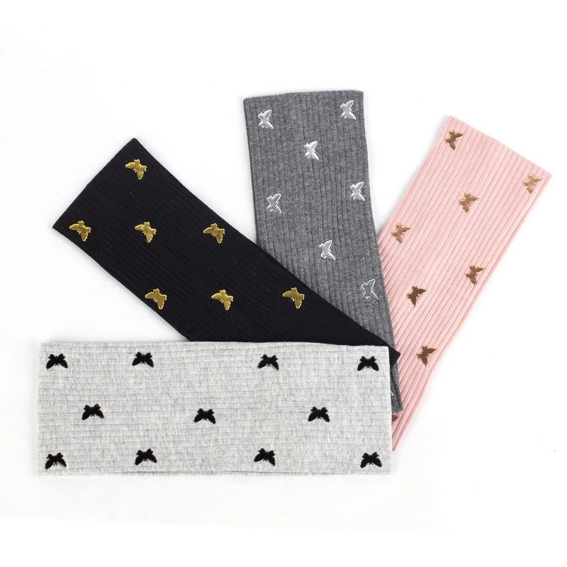 Geebro Girl Ribbed Knitted Cotton Headband Bohemian Flat Headwrap Women Stretch Butterfly Accessories Simple Design Hairband