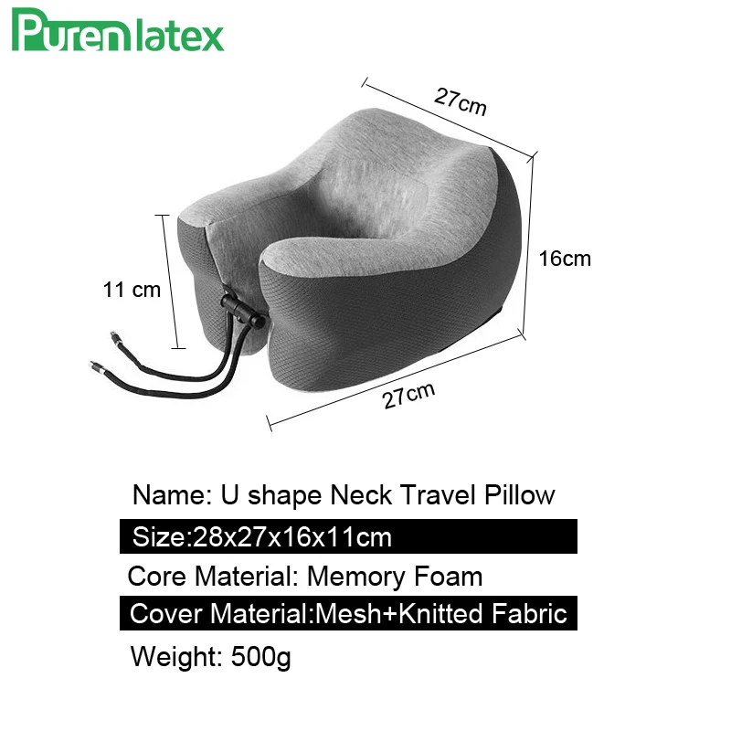 PurenLatex Memory Foam U Shape Travel Pillow for Airplane Cervical Neck Pillow Support with Lock Slow Rebound Pressure Cushion