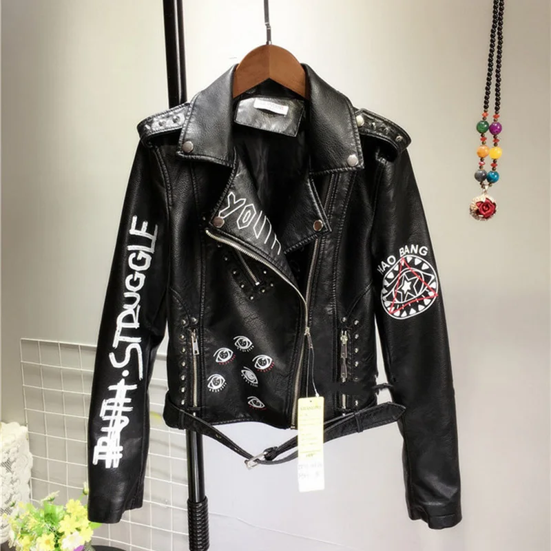 

Fad Rivet Locomotive Leather Jacket Female Autumn Handsome Personality PU Jacket Letter Printing PU Leather Jacket short Coat