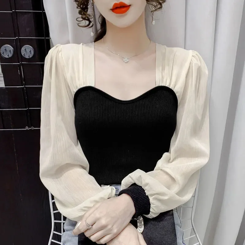 Lucyever Fashion Patchwork Knitted Blouses Women Korean Chic See Through Sleeve Shirts Female Elegant Slim Streetwear Blouse Top