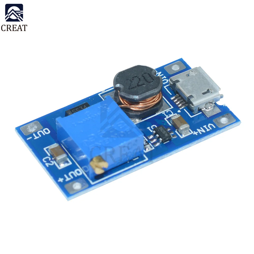 MT3608 DC-DC 2-24V to 5-28V 6V 12V 24V 2A Boost Step Up Converter Module with Micro USB Interface Adjustable 3296 Potentiometer