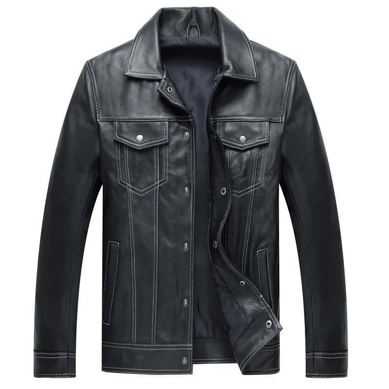 Men's Black Genuine Leather Jacket Single Breasted Sheepskin Short Coat Leisure Spring Autumn
