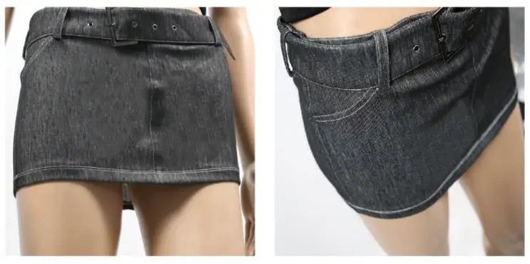 Rok Mini Seksi Wanita dengan Sabuk Denim Hitam yang Dapat Disesuaikan, Bergaya untuk Klub Malam