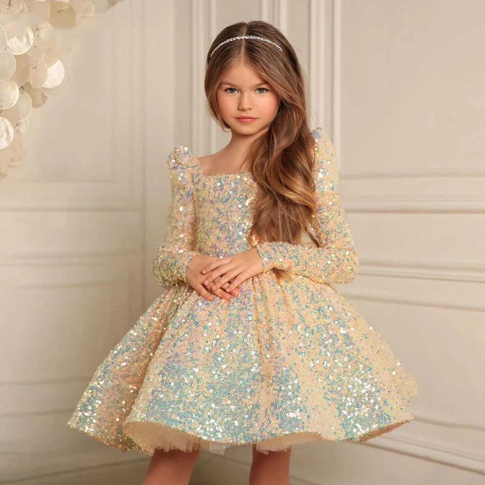 Charming Flowers Girls Dresses Customized Sequin Pleat Square Collar Full Sleeve Zipper Ball Gowns Novia Do 2021 New Party