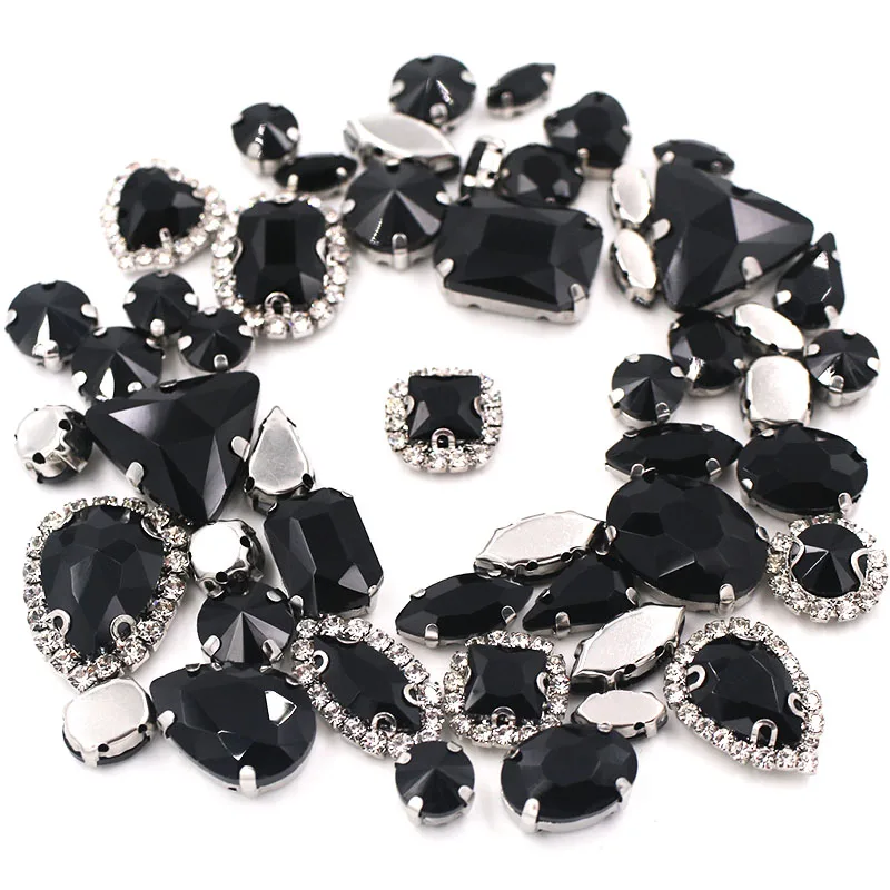 50pcs/Bag Black Mixed Shape Sew on Glass Rhinestone Silver Claw and Crystal Buckle Diy Wedding Decoration Clothes/Shoe/Dress