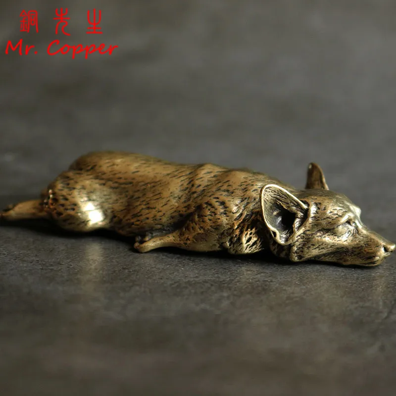 Solid Copper Lovely Welsh Corgi Figurines Miniatures Office Desk  Ornaments Retro Brass Puppy Tea Pet Home Decoration Crafts Dog