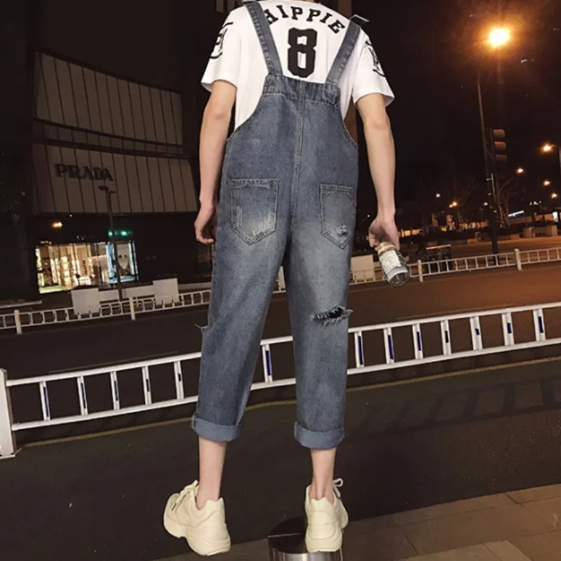 Hop Hüfte Stil Herren Loch Zerrissene Jeans Overalls Casual Streetwear Ankle Länge Cargo Hosen Denim Hosenträger Hose Jeans Strampler