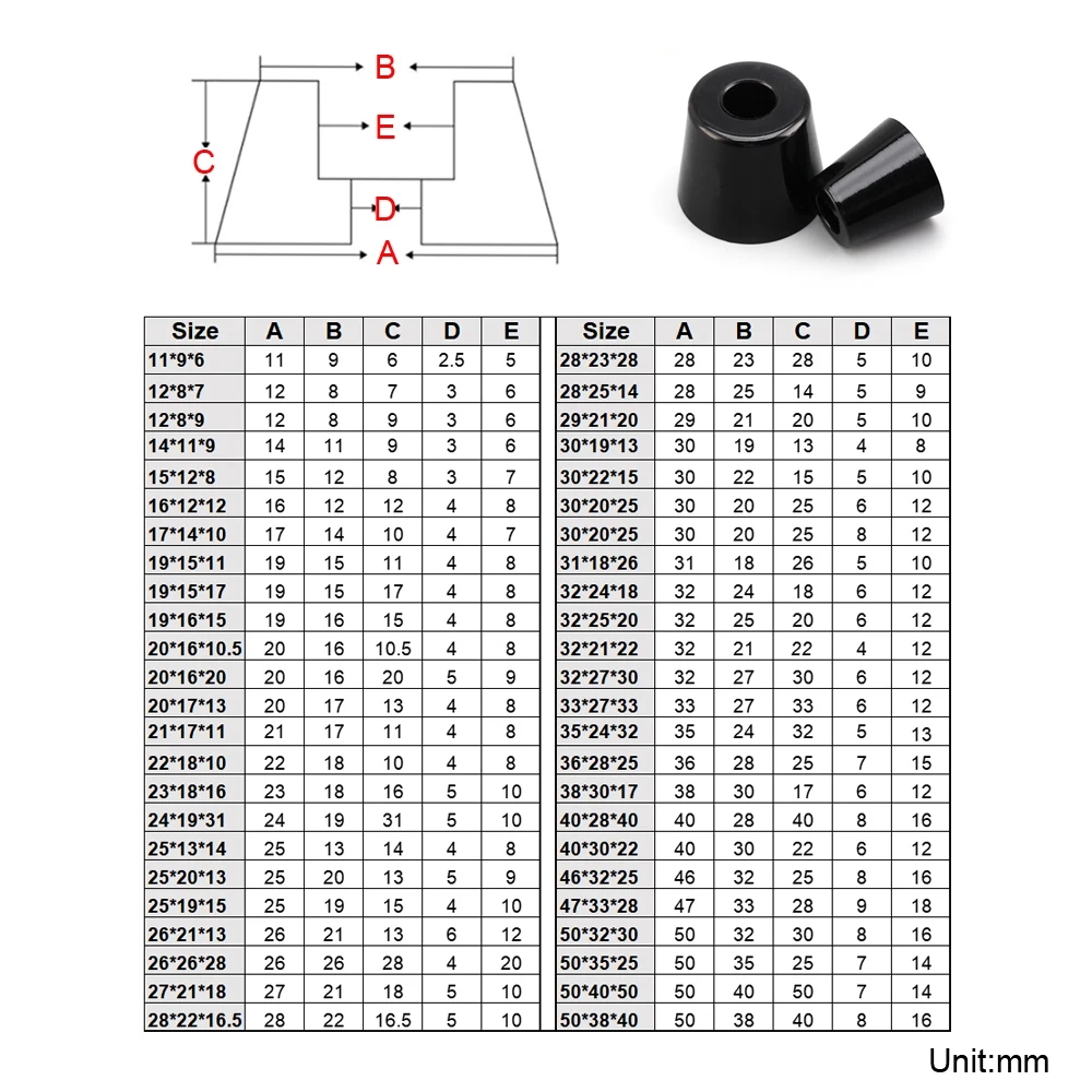 Pies de goma negros con arandela, almohadilla antideslizante cónica para altavoces, armarios, fundas de vuelo, Protector de suelo de muebles, 4 Uds.