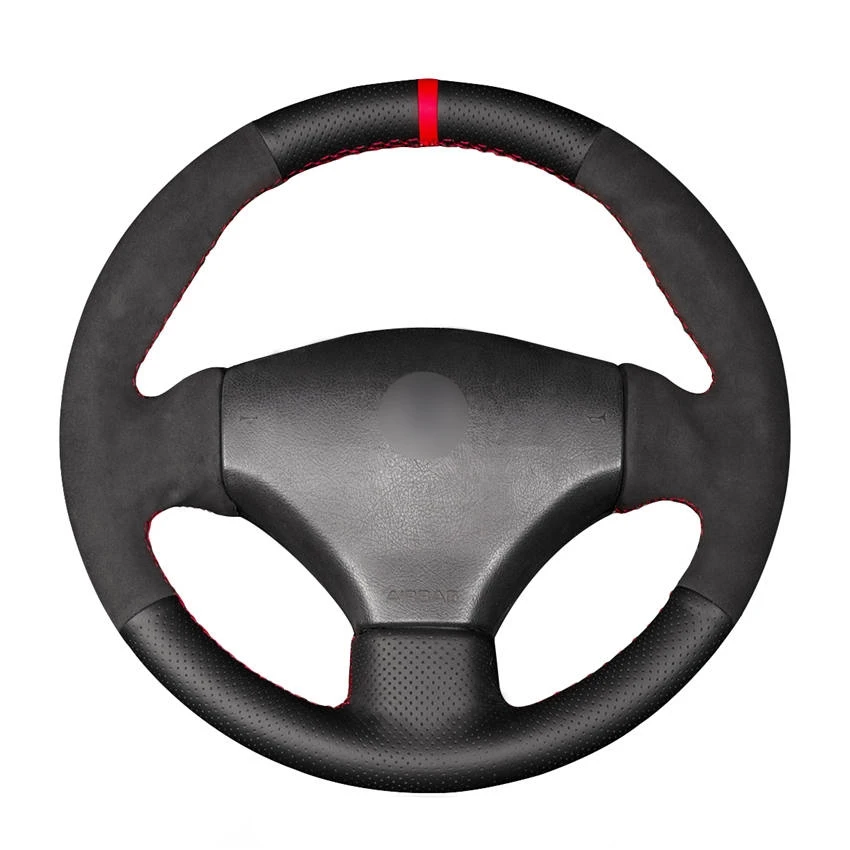 Hand-stitched Black Leather Suede Car Steering Wheel Cover for Peugeot 206 1998 1999 2000-2005 206 SW 2003-2005 206 CC 2004 2005