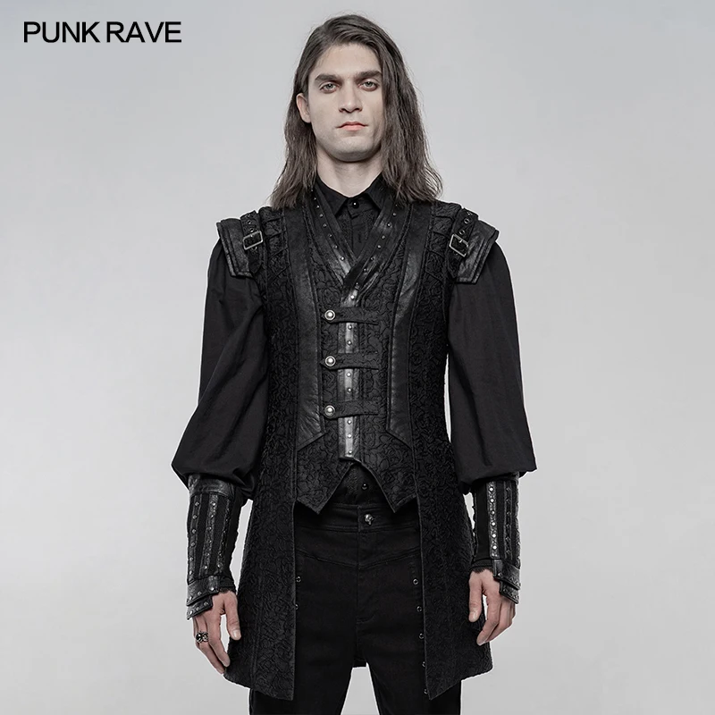 PUNK RAVE Men's Punk Mid-length Hanfu Jacquard Woven Vest Retro Chinese Elements Fake Two-piece Adjustable Rear Waist Waistcoat