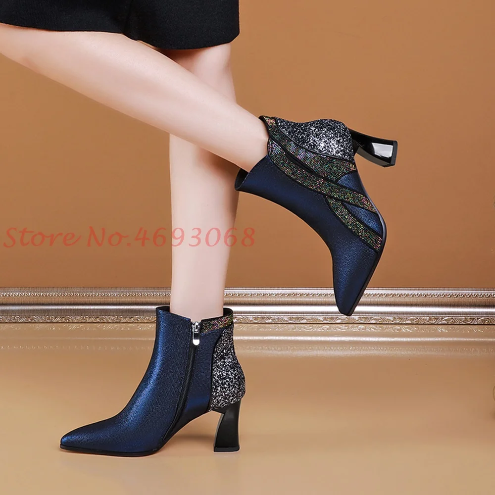 Rhinestone Glitter Splicing Short Boots Print High Chunky Heels Side Zipper Pointed Toe Genuine Leather Women British Style