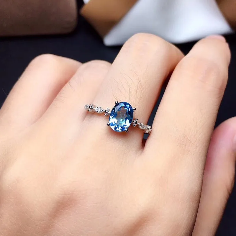 

LeeChee Topaz Ring 6*8mm Gemstone Jewelry for Women Anniversary Gift Blue Topaz Birthstone Real Solid 925 Sterling Silver