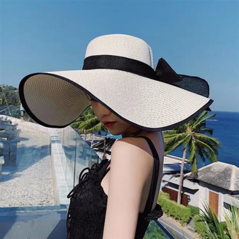 15CM Wide Brim Beach Straw Hats For Women Simple Foldable Summer Outing Sun Hat Fashion Flat Brom Bowknot Uv Protection Panama