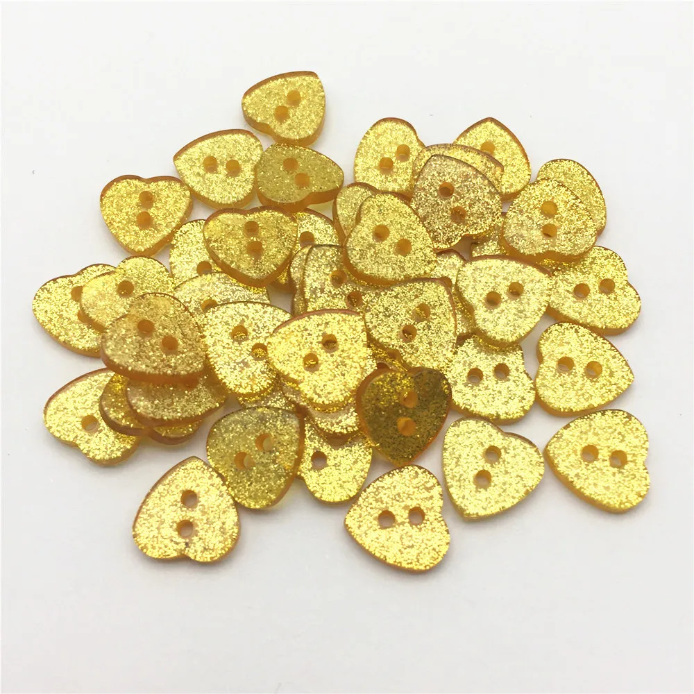 50pcs Gold Yellow Glitter Heart Star Round Buttons 2 Holes Sewing DIY Crafts Embellishments Sparkle Chriatmas Scrapbook