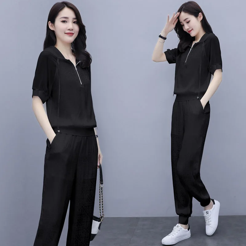 Summer Casual Hooded Tracksuit Women White Pullover Short Sleeve Tops & Drawstring Pants Two Piece Sets Jogging Femme Cool S-3XL