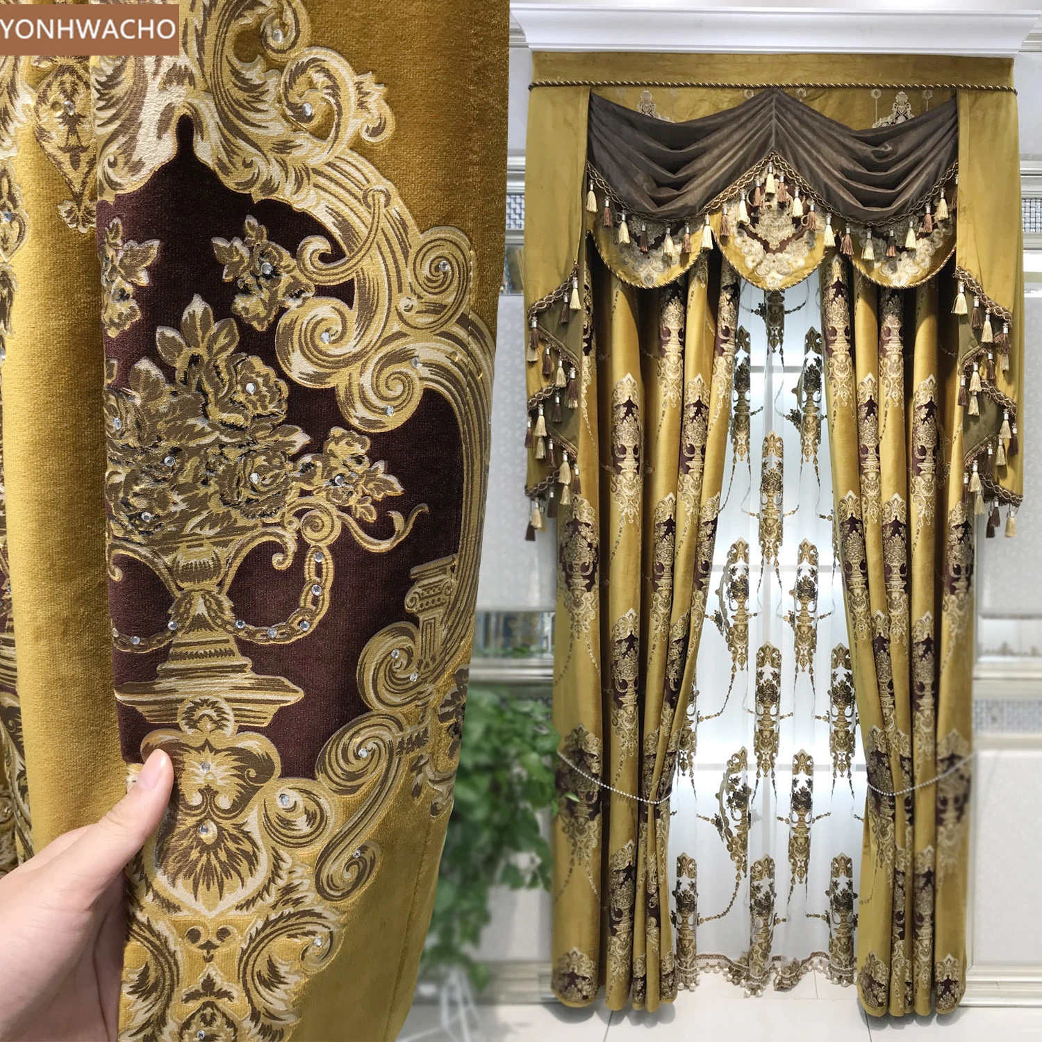 

Custom curtain American luxury shading velvet villa bedroom gold thick cloth blackout curtain valance tulle panel C524